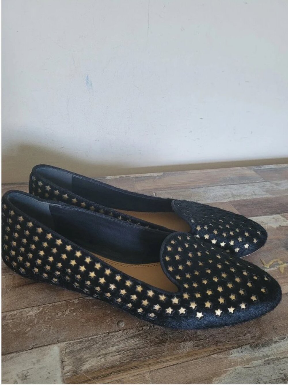 Tory Burch Olympia Gold Star Leathe Black Calf Hair Loafers Flat shoes size 7.5